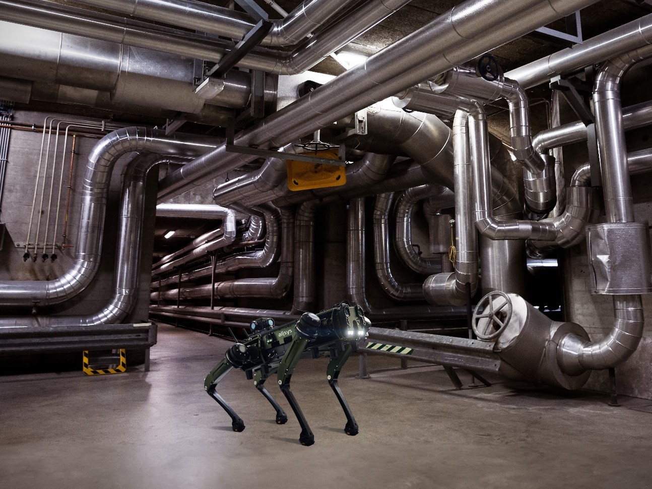 El robot V60 haciendo una ronda de inspección en una planta industrial El robot V60 haciendo una ronda de inspección en una planta industrial